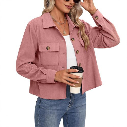 Amazon 2024 Best-Selling European and American Style Fashion Casual Short-Sleeve Corduroy Button-Up Mid-Collar Jacket Top