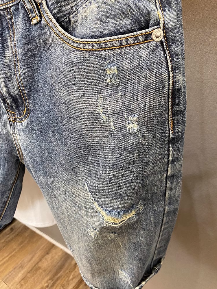 Men's Retro Ripped Denim Shorts Lightweight Summer Trendy Street Style Loose Fitting Straight Leg Five Point Pants_mkmklike.com