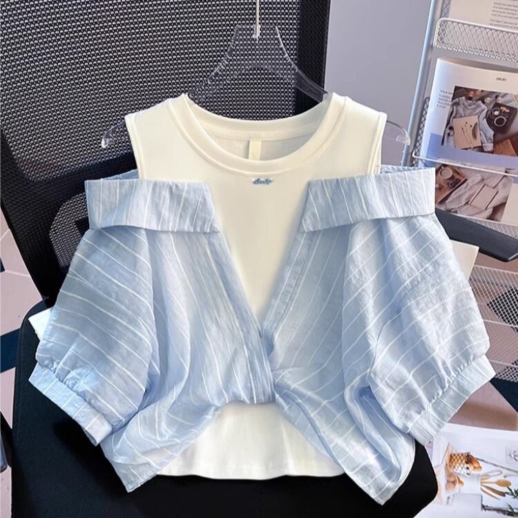 Girls' Stylish Loose-Fitting Shirt 2026 New Style for Older Children, Stylish Off-Shoulder Top T-Shirt, Faux Two-Piece Top