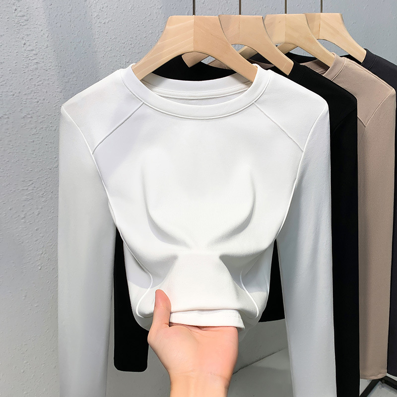 Blanco cuello redondo molido camiseta de mangas largas mujeres 2024 nuevo temperamento con camiseta de base universal blusa delgada image 9