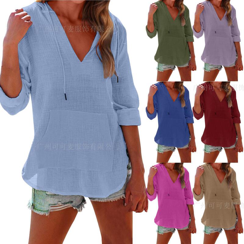 2025 Cross-Border European and American Spring and Summer New Beach Cover-Up Hoodie Sports Long-Sleeve V-Neck Pocket Hooded Shirt for Women 2025 Cross-Border European and American Spring and Summer New Beach Cover-Up Hoodie Sports Long-Sleeve V-Neck Pocket Hooded Shirt for Women