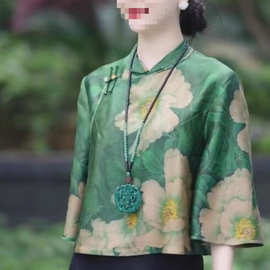 中式国风香云缎面牡丹印花七分袖短外套2026春夏新款傣味上衣