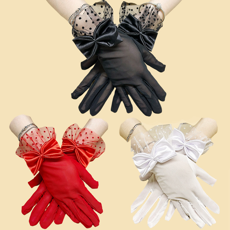 Guantes de protección solar de verano para mujer, transfronterizos, de malla, con lazo, encaje negro, personalizados, para boda, etiqueta, venta al por mayor