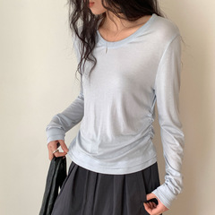 6UP韓系早春新款天絲T恤長袖廣州13行百搭鬆弛ins垂感上衣女91208