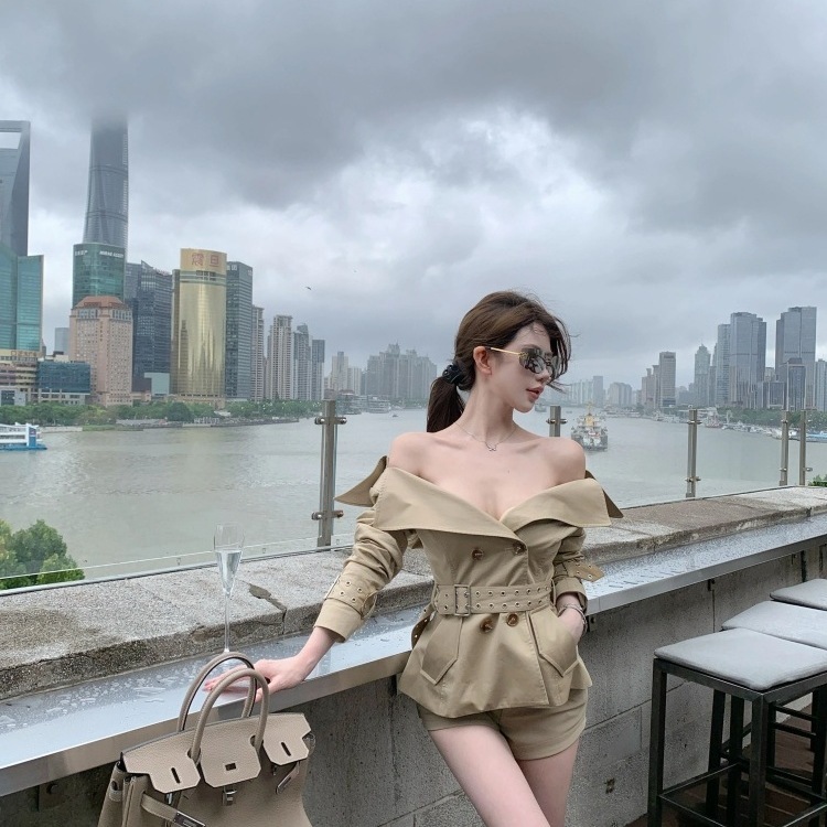 非尝郝女装开领翻领夹克新款腰带双排扣短风衣外套显瘦短裤半身裙|undefined