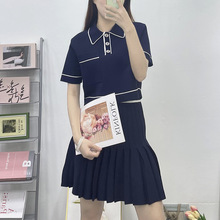 跨境女装春夏新款法式时尚套装女短款针织上衣+百褶半身裙两件套