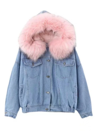 Giacca di jeans da donna con collo in peluche corta invernale_voghion.com