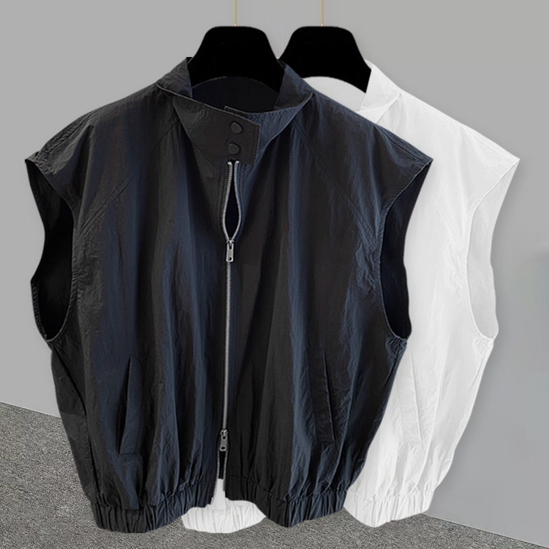 Cardigan Zipper Collar Sleeveless T-Shirt Men's Summer Trendy Brand Trendy Trapton Handsome Tooling Design Sense Student Loose Outer Wearing Vest