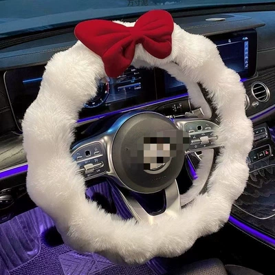 Winter Plush Winter Fleece – Steering wheel cover - white-red-bow-38cm