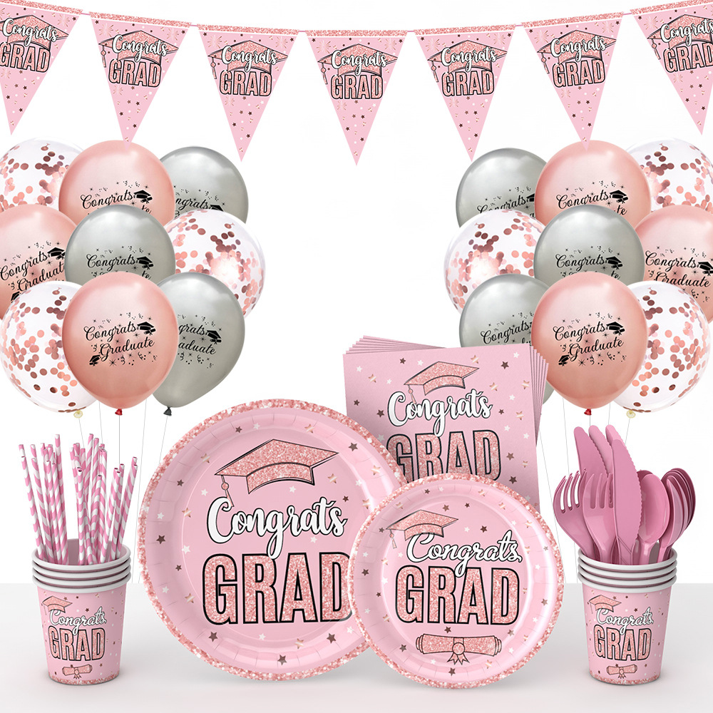 Nueva temporada de graduación Rosa decoración del partido fiesta chica plato de papel desechable taza de papel globo decoración suministros