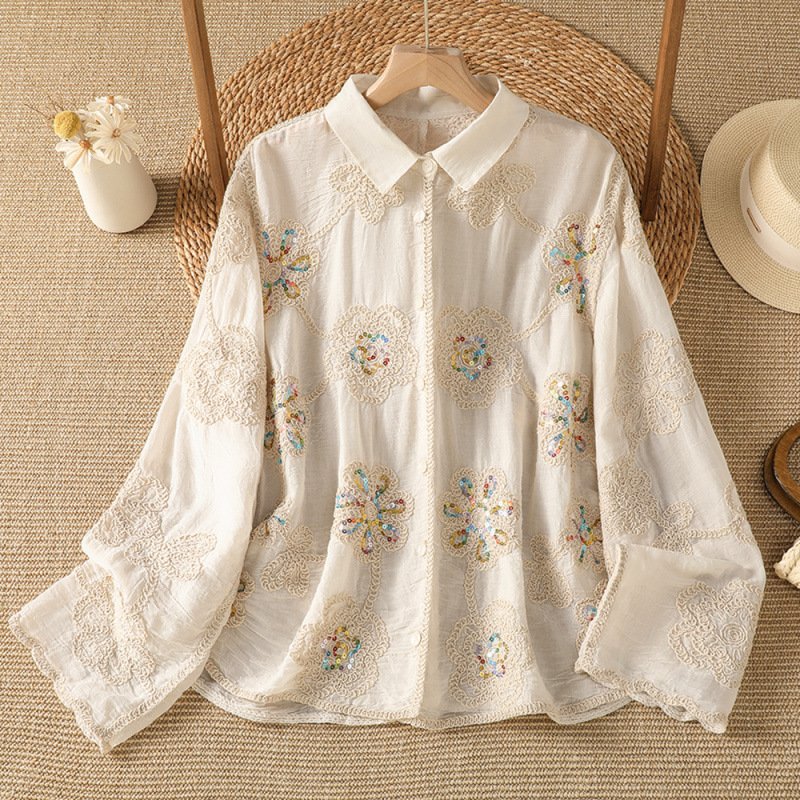 Vintage heavy-duty sequin embroidered long-sleeve women's shirt, new early autumn style, plus-size, loose, age-reducing, versatile cardigan top