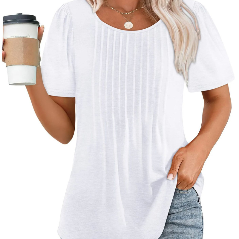 2025 New Amazon Foreign Trade Loose European and American New Pleated Round Neck Short-Sleeved T-Shirt Women's Tops Striped Tops