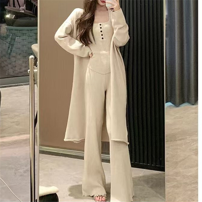 2026 Autumn and Winter Women's Mid-Length Knitted Cardigan with Slim-Fitting Camisole and Knitted Casual Wide-Leg Pants Three-Piece Set