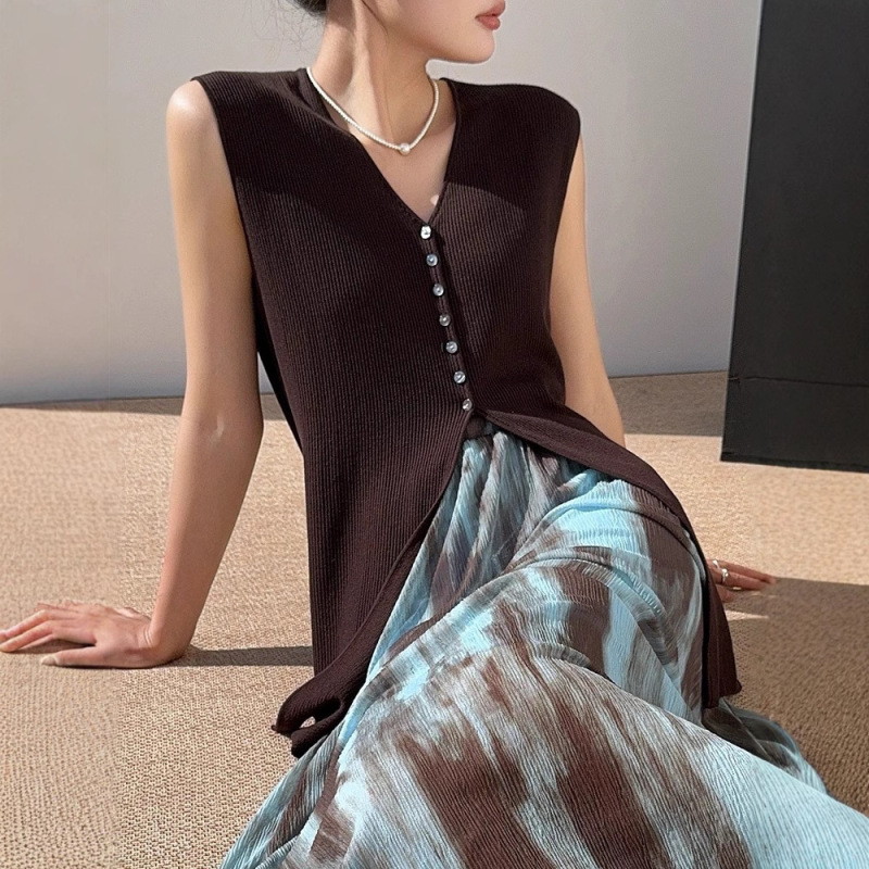 Spring and Summer Design V Neck Slit Mid-Length Knitwear Vest Vest High-End Waistcoat Sleeveless Vest Top