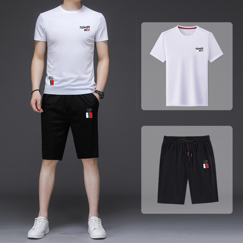New Shorts Men's Summer Sports Suit Printed Short-sleeved Ice Silk Suit Thin Round Neck T-shirt Men's Casual Suit