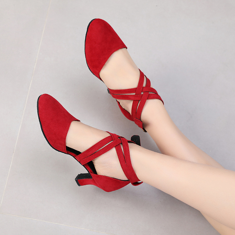 Women's Dance Shoes, Red Cowhide, Double Cross Straps, Mid-Heel Dance Shoes with Suede Sole and Buckle, Latin Dance
