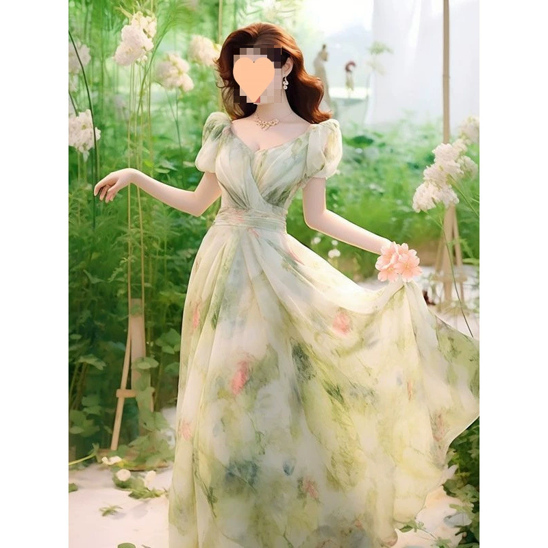 2025 новое французское морское платье в стиле феи, элитное платье в стиле Хепберн с завышенной талией, зеленое платье с короткими рукавами и принтом для женщин на лето