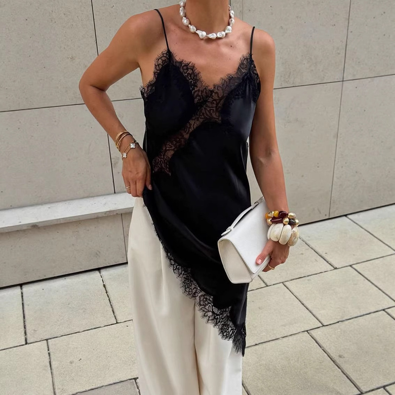 Sexy European and American Style Irregular Dress with Elegant Satin Lace Slit and Satin Mermaid Skirt Sexy European and American Style Irregular Dress with Elegant Satin Lace Slit and Satin Mermaid Skirt
