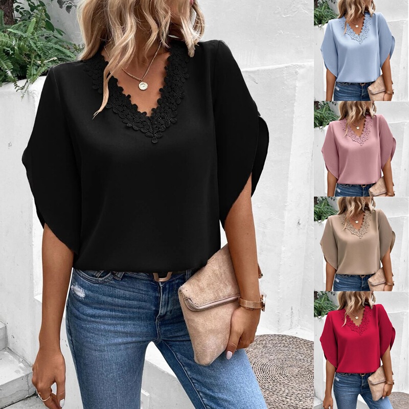 2026 European and American Amazon Cross-Border Women's Clothing Summer New Solid Color Lace V-Neck Bell Sleeve Loose Shirt Women's Top