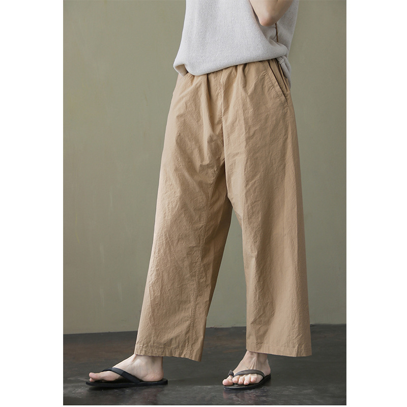 2025 Spring and Summer Khaki Fluffy Long-Staple Cotton Elastic Waist Loose Nine-Point Wide-Leg Straight Pants