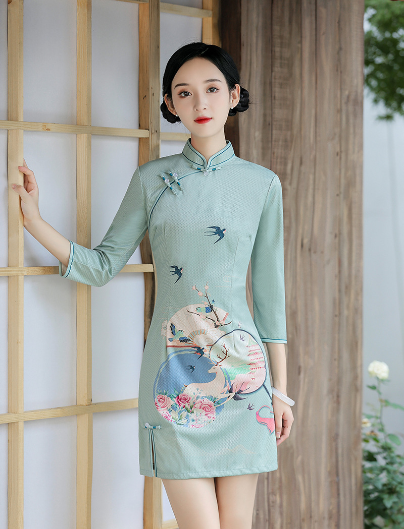Women Chinese Style Dress Retro Qipao Dress Young Lady Short A Line Cheongsam