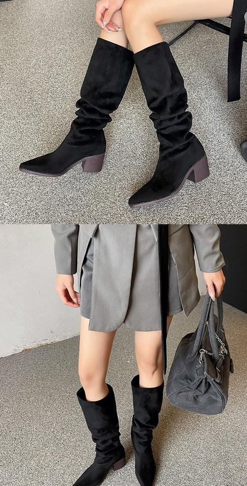Bốt nữ cao cổ gót chunky mũi vuông, ống rộng xếp nếp phong cách Tây, gót 6–8 cm — quần kaki, đen chi tiết 9