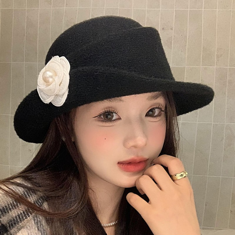 赫本风山茶花黑色珍珠礼帽女秋冬高级感千金帽子显脸小气质渔夫帽|undefined