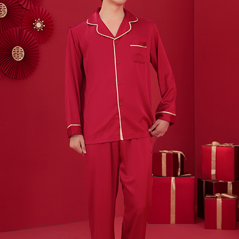Pajamas de pareja para la boda de primavera y otoño helado seda roja para hombres y mujeres set de boda de seda MC0001