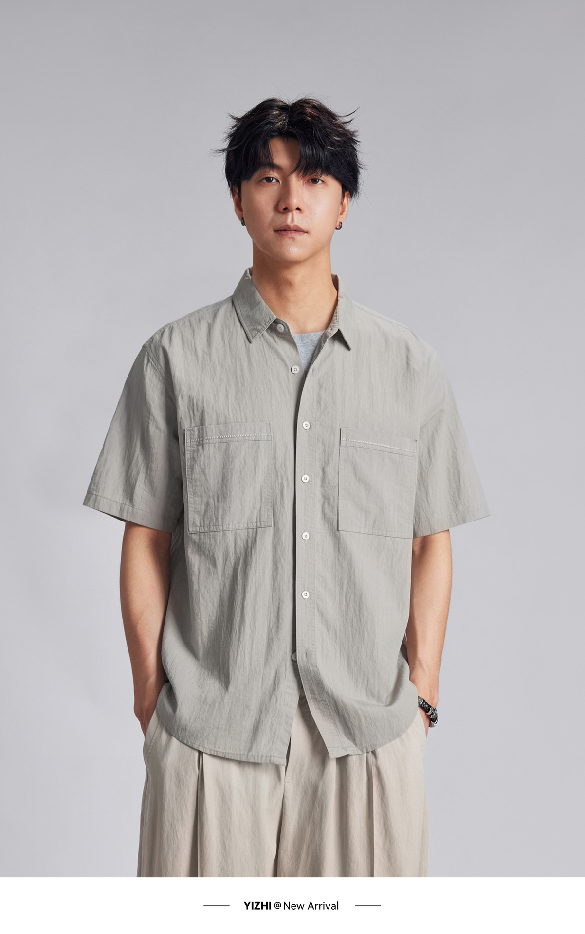 Áo sơ mi nam ngắn tay mỏng nhẹ cổ bẻ phong cách casual — màu xanh nhạt chi tiết 10