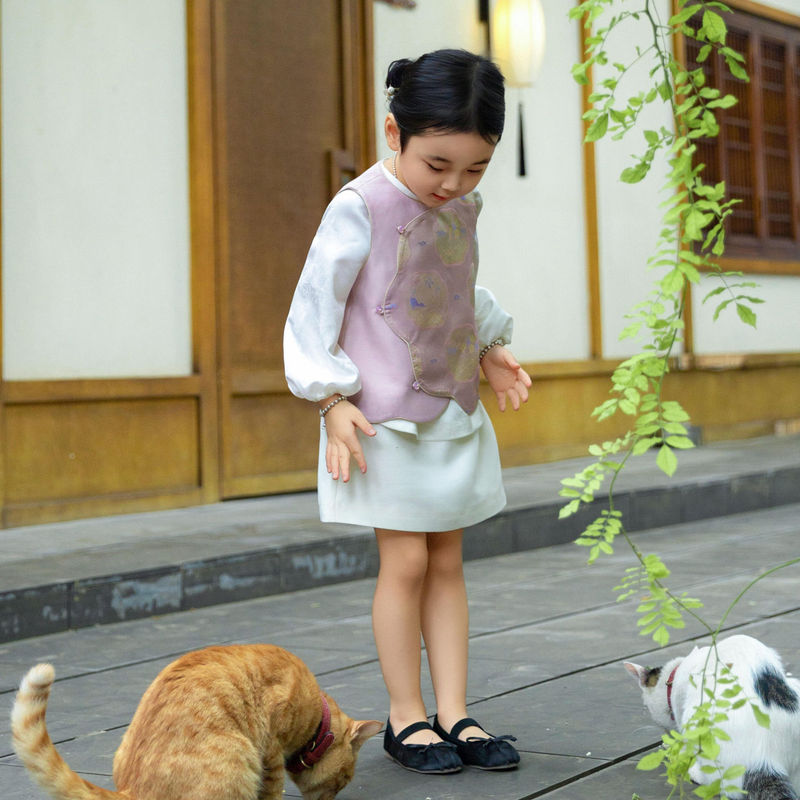 中秋女童汉服套装新中式秋装儿童超仙国风提花圆领马甲女宝宝唐装|undefined