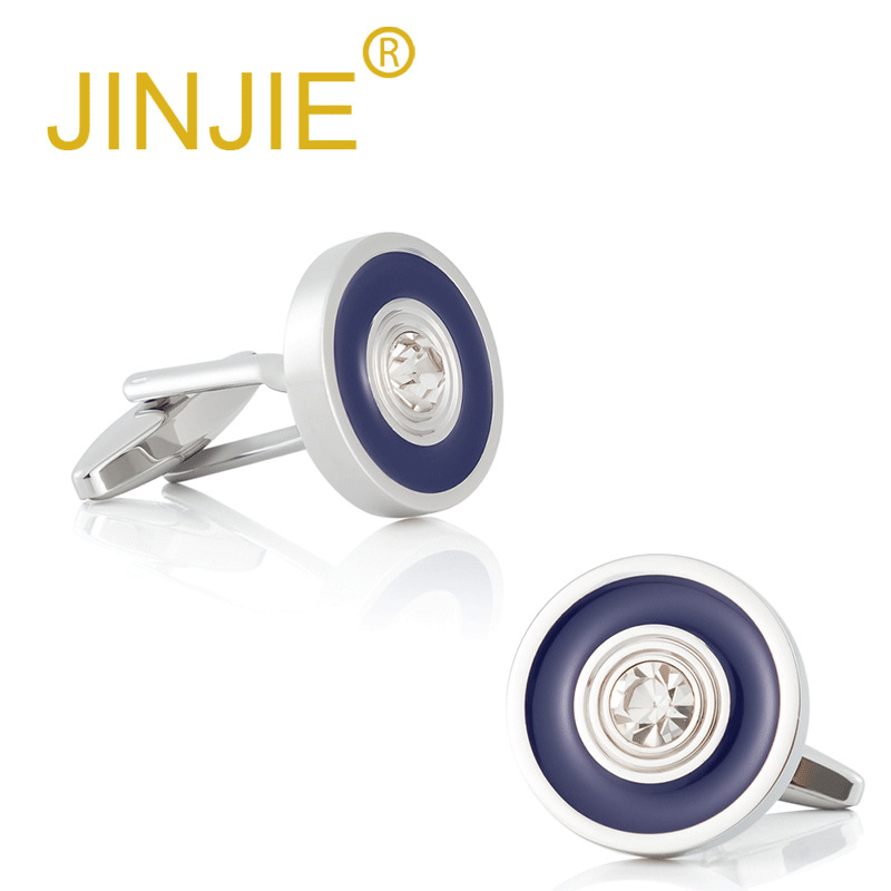 New Arrival Round Electroplated Silver-Color Blue Enamel Diamond-Inlaid Metal Cufflinks — Wholesale French-Style Cufflinks for Foreign Trade