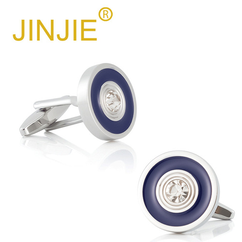 New Arrival Round Electroplated Silver-Color Blue Enamel Diamond-Inlaid Metal Cufflinks — Wholesale French-Style Cufflinks for Foreign Trade