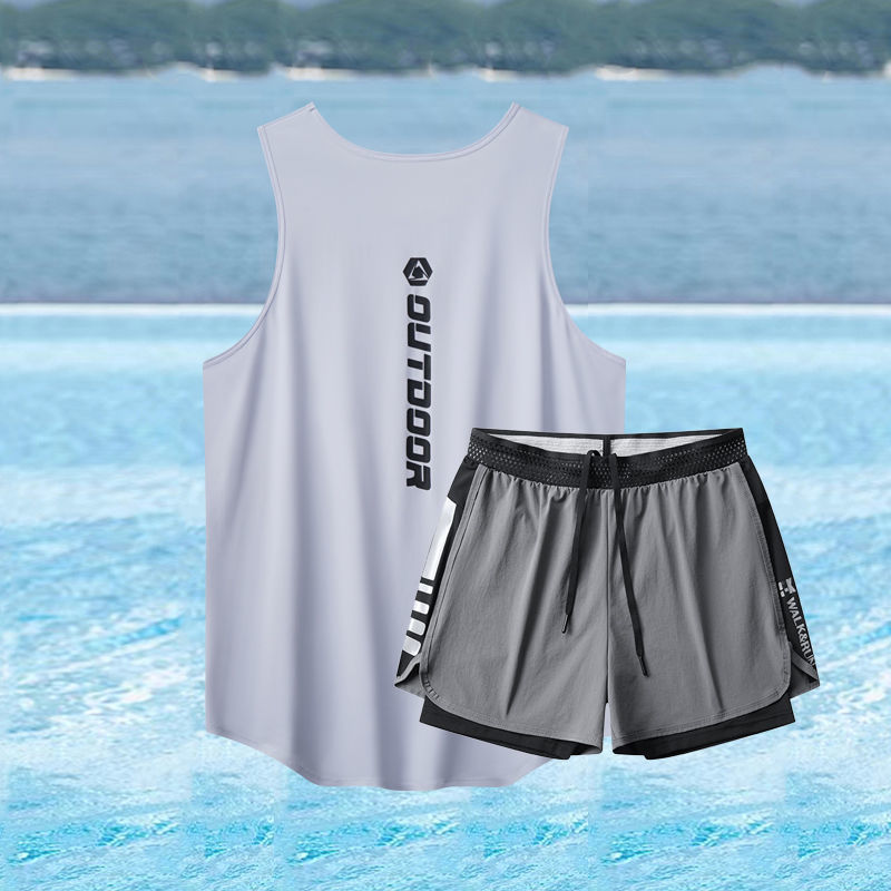 Men's Swimsuit Suit, Loose and Anti-Embarrassing Double-Layer Swimming Trunks, Quick-Drying Vest, Two-Piece Hot Spring Adult Swimsuit