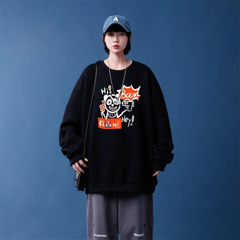 Cartoon Funny Printed Sweater Men's Spring and Autumn Loose Fashionable Brand Hippie High Street Top Youth Casual Thin Jacket
