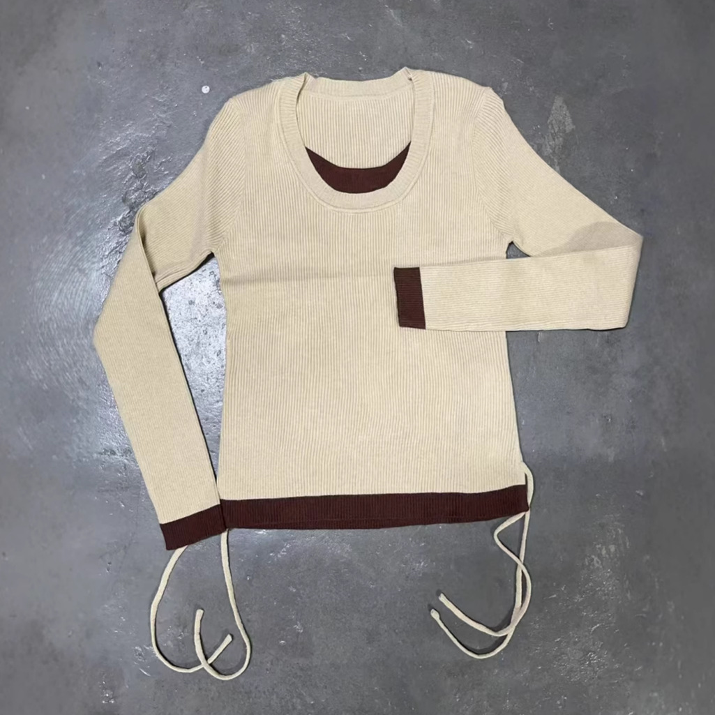 2025 秋冬韓国風コントラストカラー U ネック巾着フェイクツーピースニットボトム長袖トップ