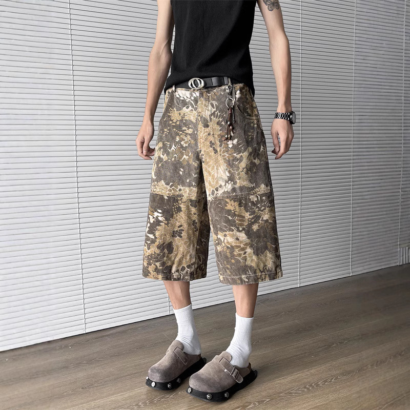 American Retro Python Camouflage Print Shorts Unisex Straight Loose Street Fashion Vintage Cropped Pants Trendy Brand