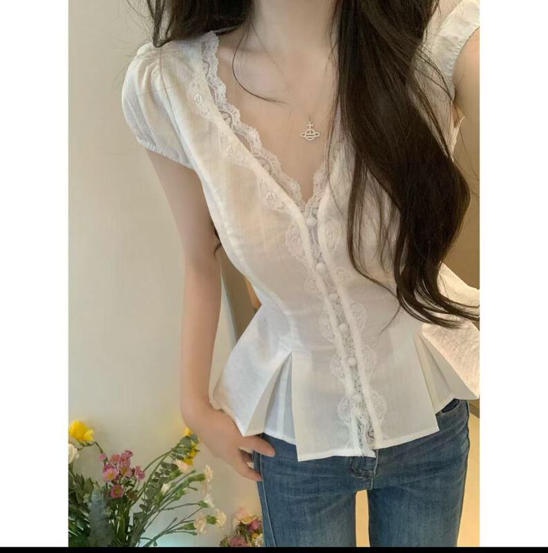 French Lace V-Neck Short-Sleeved White Shirt for Women, Summer Korean Chic Shirt, Slim Fit Top French Lace V-Neck Short-Sleeved White Shirt for Women, Summer Korean Chic Shirt, Slim Fit Top