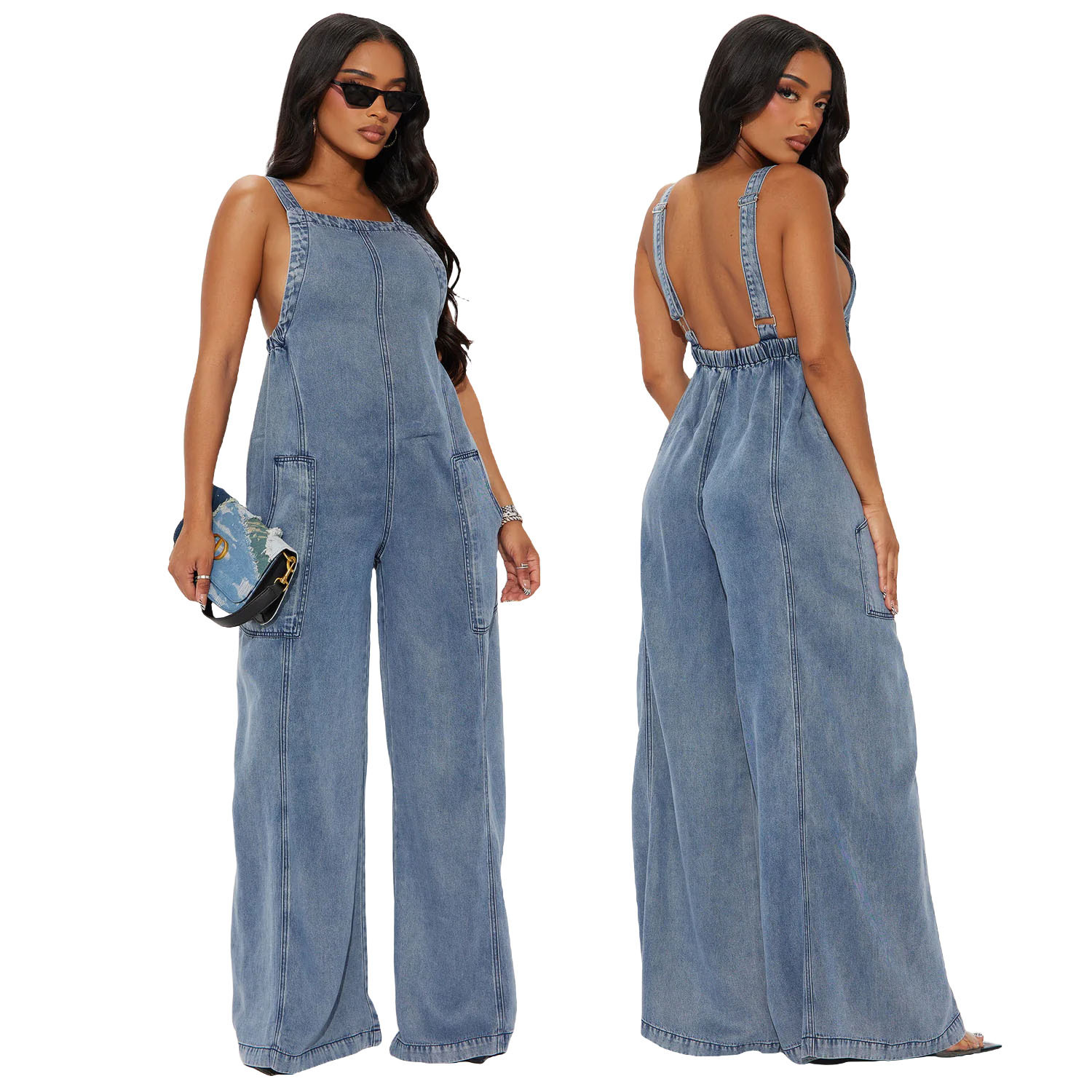 Dam denim jumpsuit med vida ben i amerikansk stil_voghion.com