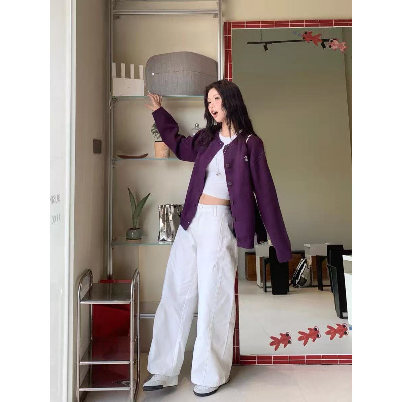 2025秋冬新款超显白紫色毛衣开衫外套女秋季休闲宽松针织开衫上衣|undefined