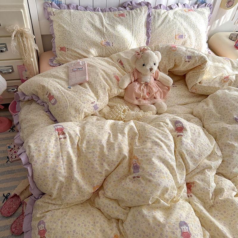 Madre y bebé clase A encaje de algodón puro cuatro piezas de cama puede dormir desnudo sábanas cubierta INS dormitorio de estudiantes tres piezas de conjunto