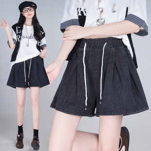 2025 New Summer Style Large Size Elastic Waist Drawstring Belly-Covering Denim Shorts for Women Fat mm Loose A-Line Wide-Leg Hot Pants