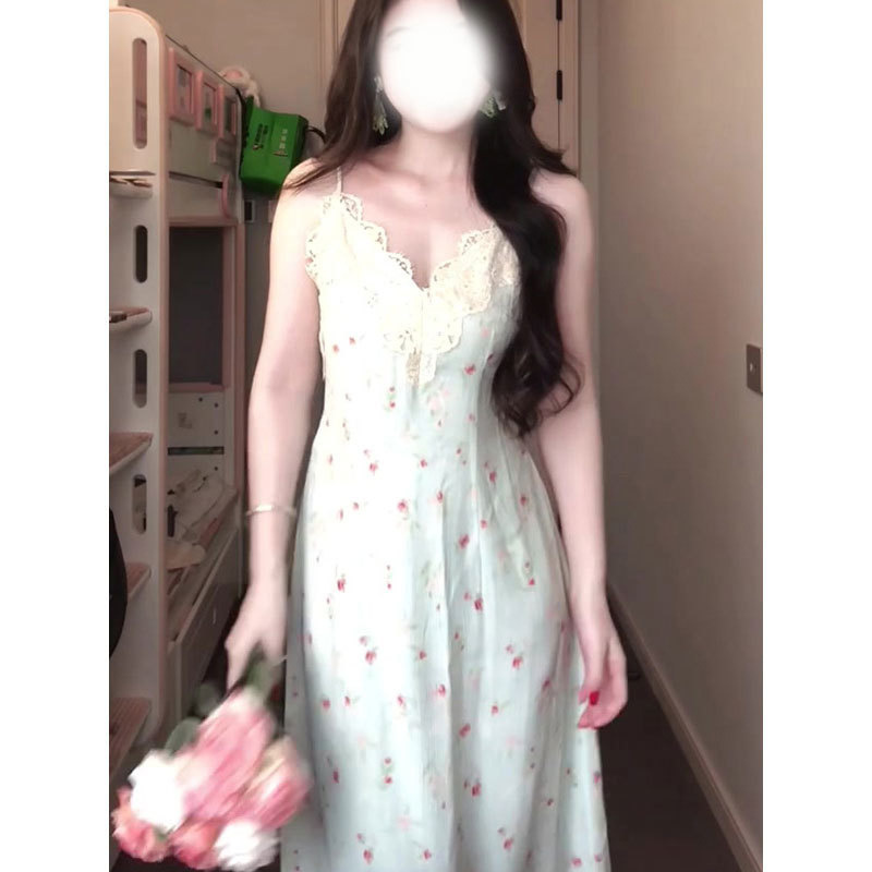 胖mm温柔风碎花吊带裙大码套装女春夏搭长袖开衫蕾丝拼接收腰长裙|undefined