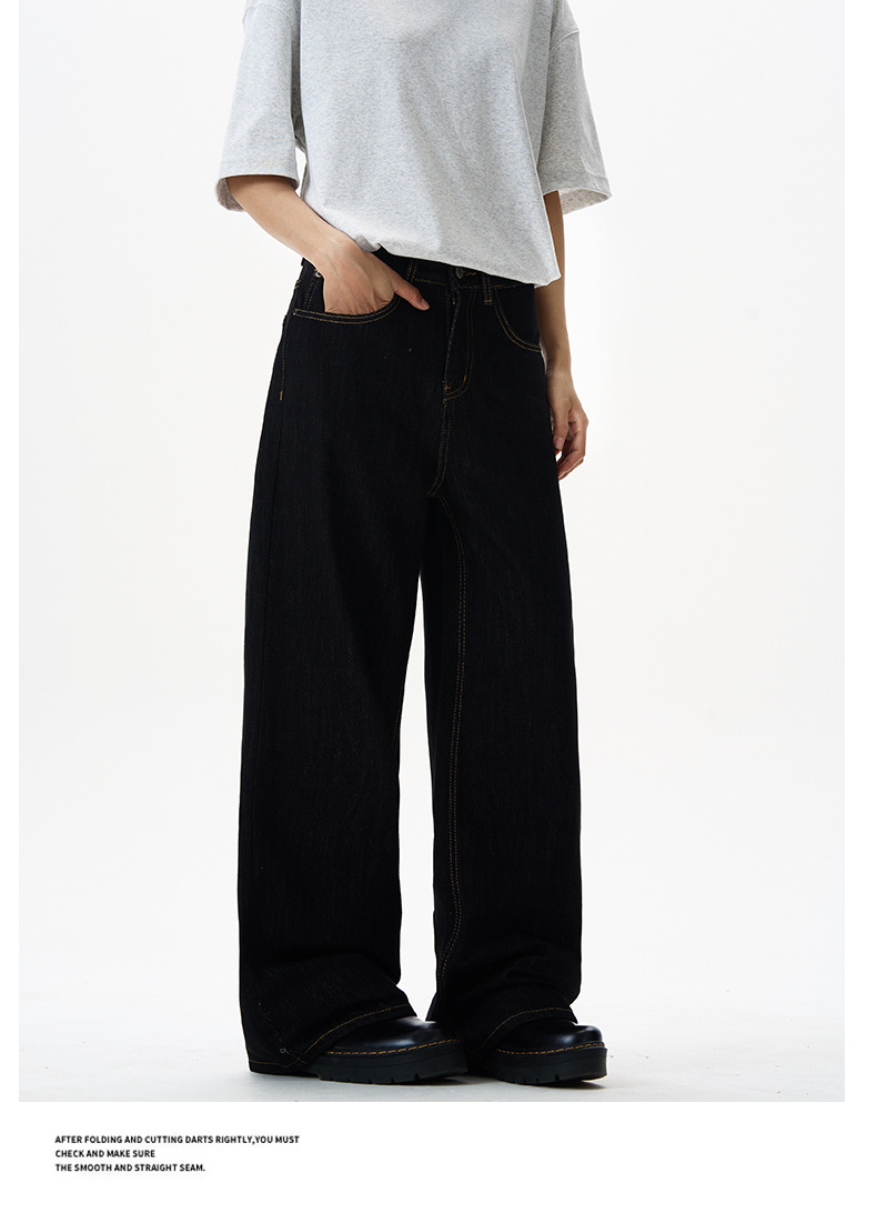 Men's American Vintage Straight Leg Jeans Classic Deep Blue And Black Denim Pants for Relaxed Fit_viptrois.com
