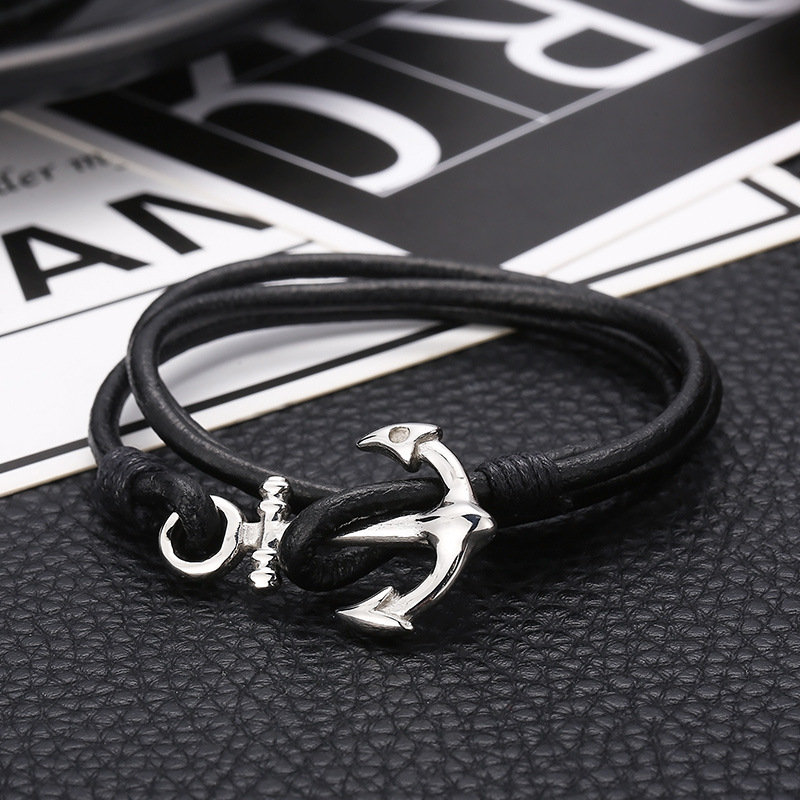 11g Weight 0.03µm Gold Plating Thickness Punk Simple Style Anchor Stainless Steel Cowhide Plating Men's Bracelets Men Cord & Leather Bracelets