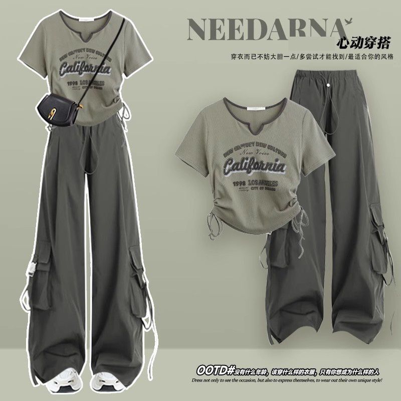 Korean summer wear a set of tea in tea chic hot girl suit women's 2025 new small overalls