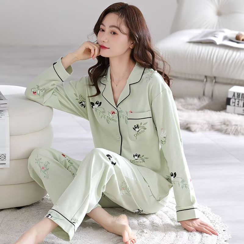 Pijama de algodón para mujeres 2024 nuevo cardigan de manga larga primavera y otoño suelto se puede usar fuera del conjunto de ropa de casa