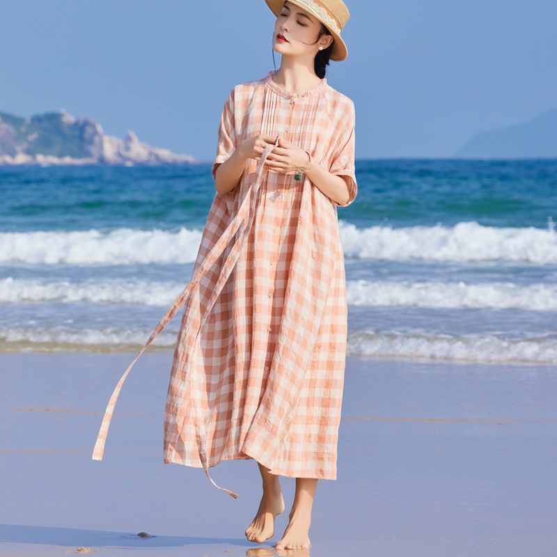 Spring and summer 2025 new air sense double yarn linen bubble plaid shirt dress dress long