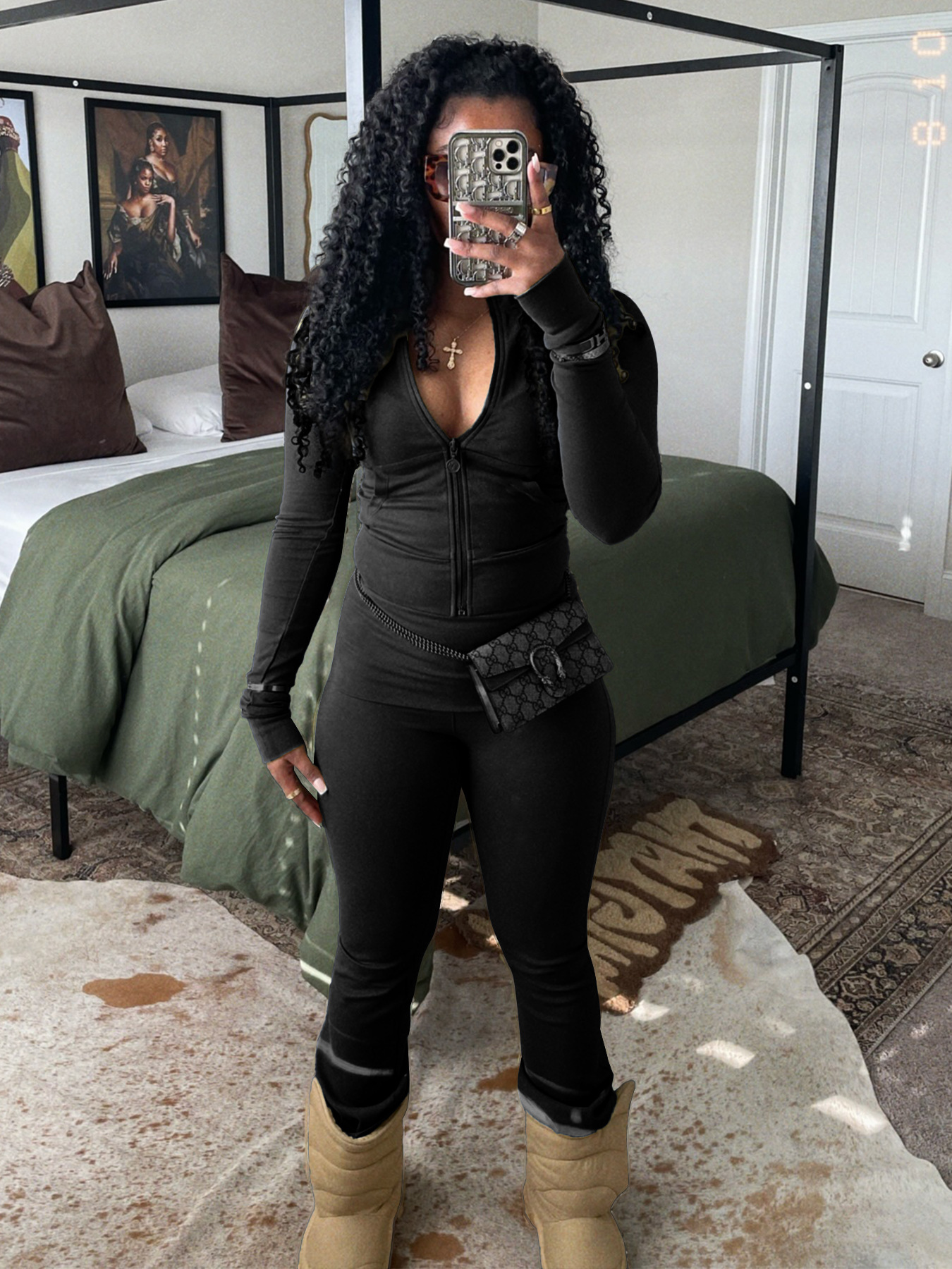 Women Clothing Sports Casual Tight Zipper Low Waist Fold Slightly Flared Fleece Lined Two Piece Sets