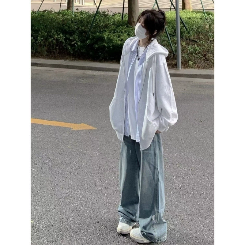 Бело-серая толстовка женская свободная куртка с длинными рукавами