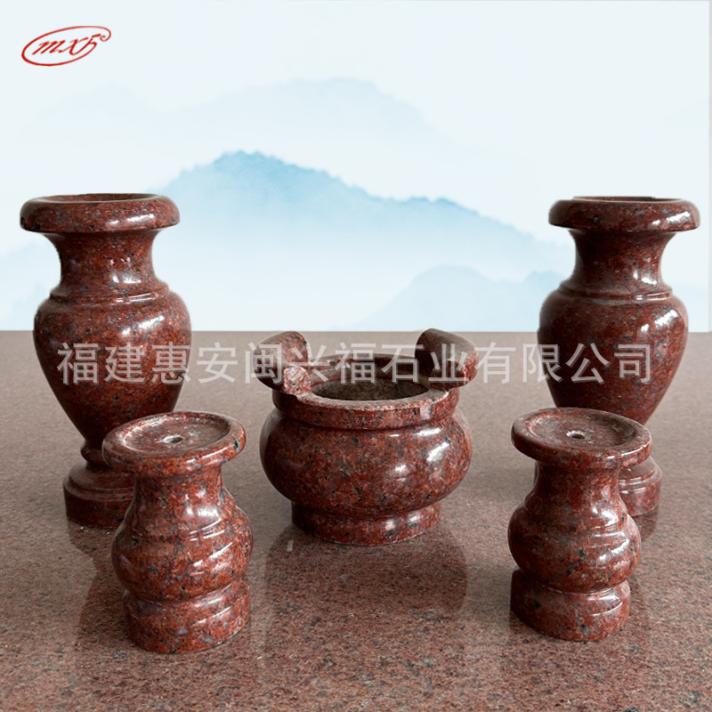 闽兴福石雕厂家印度红圆形香炉墓地石头香炉宗祠寺庙供佛花瓶批发